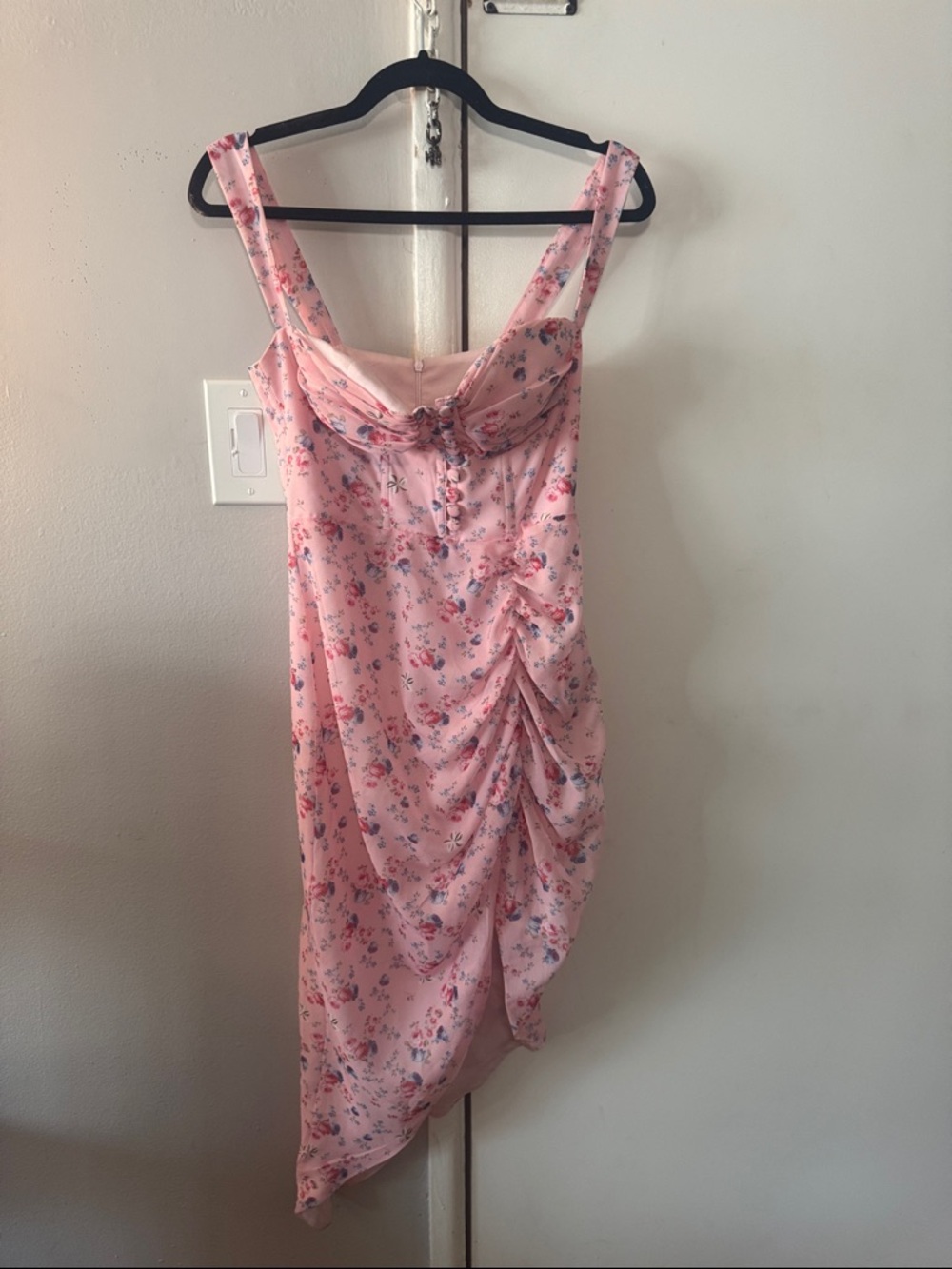 Pink Floral Ruched Midi Dress